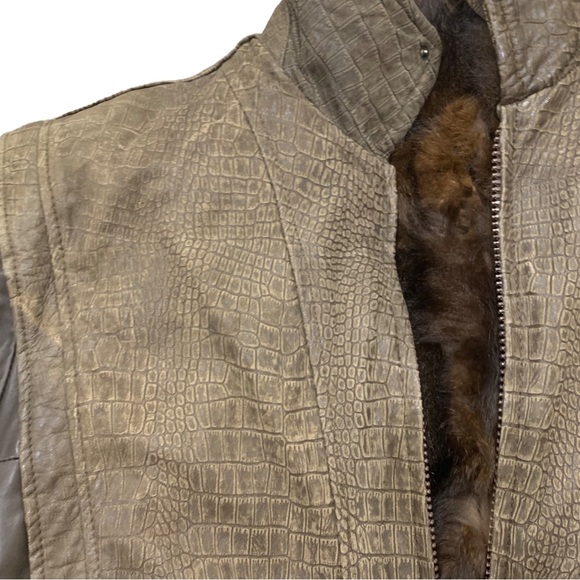 Alan Michaels Croco Embossed Bomber Leather Jacket with Possum Fur - Picture 3 of 16